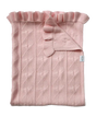 An AU Baby Cashmere Cloud Baby Blanket Gift Set - Peony Pink, a pink organic cashmere baby blanket with a heart-patterned texture and a ruffled edge.