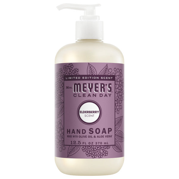 Mrs. Meyer's Hand Soap in elderberry scent features a purple label, white pump, and floral design. This 12.5 fl oz soap is made with olive oil, aloe vera, and essential oils for gentle cleansing and a garden-inspired fragrance.