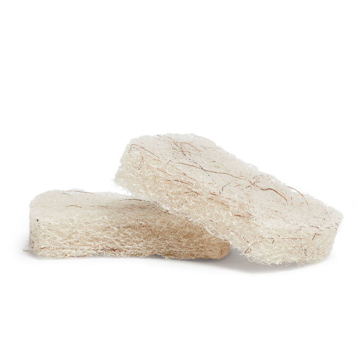 Two rectangular, natural-colored loofah sponges with coarse, fibrous textures are stacked on a white background, one laying flat and the other leaning diagonally on top.