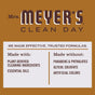 Mrs. Meyers Multi Surface Cleaner label states Made with plant-derived cleaning ingredients & essential oils and Made without parabens, phthalates, glycol solvents, artificial colors. A refreshing plant-based spray for any room.