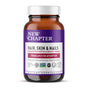 A brown bottle of New Chapter Hair, Skin & Nails dietary supplement with a purple and white label, highlighting biotin, beauty herbs, and absorption benefits. The label includes various certifications and 60 capsules.