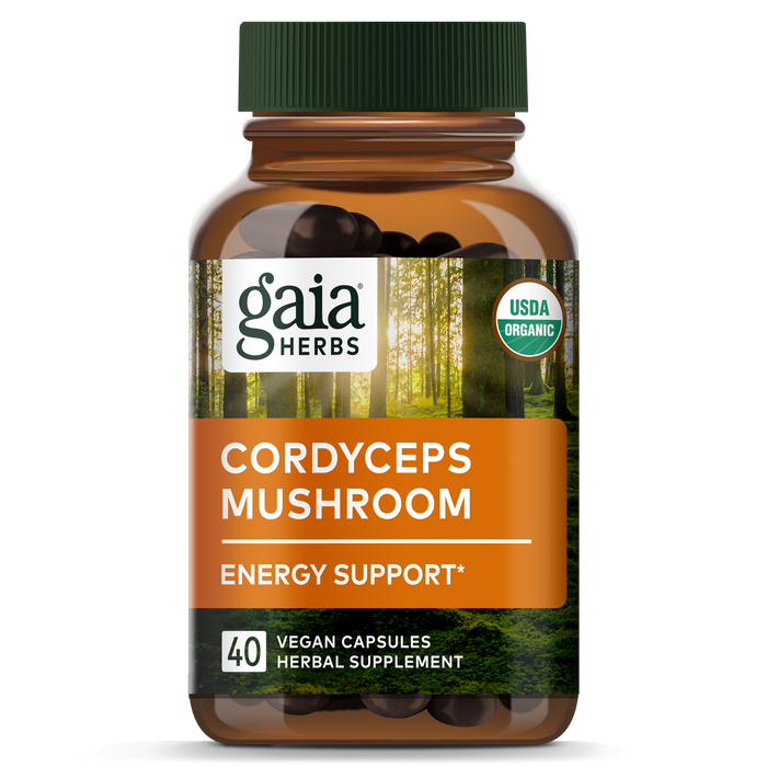 A brown bottle of Gaia Herbs Cordyceps Mushroom vegan capsules, labeled for energy support, contains 40 capsules and features a forest background with USDA Organic certification.