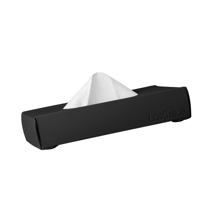 A rectangular black tissue box labeled LastTissue with a single white tissue partially pulled out from the top.