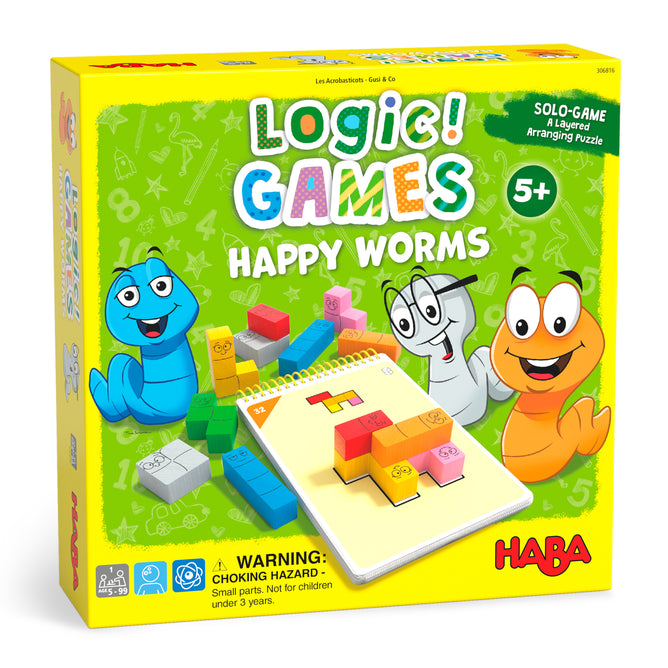 The image shows the green box for HABA’s Logic! GAMES: Happy Worms, a colorful logic game for ages 5+ made from sustainably sourced wood. Cartoon worms and puzzle pieces adorn the box. Warning: Choking hazard for children under 3.