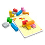 HABAs Logic! GAMES: Happy Worms features colorful wooden pieces with faces, arranged next to a spiral-bound activity book that displays puzzle solutions—providing a fun, brain-boosting challenge for kids ages 5 and up.