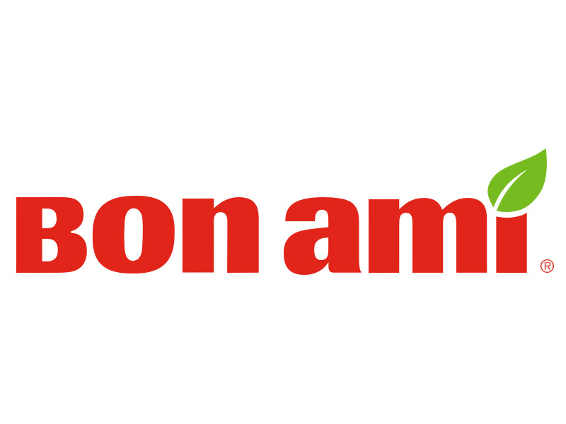 Bon Ami logo with bold red text; the dot above the letter i is replaced by a green leaf.