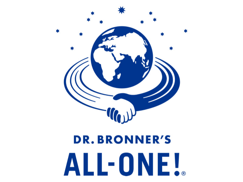 Blue and white logo showing Earth with radiating rings, surrounded by stars. Two stylized hands extend from the rings and shake. Text below reads “DR. BRONNERS ALL-ONE!”.
