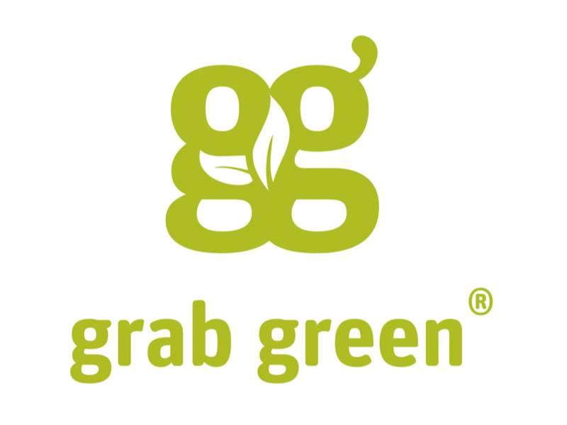 The logo features two lowercase gs in green, stacked with a leaf design in the upper one, above the words grab green in matching green font. A registered trademark symbol appears beside the text.