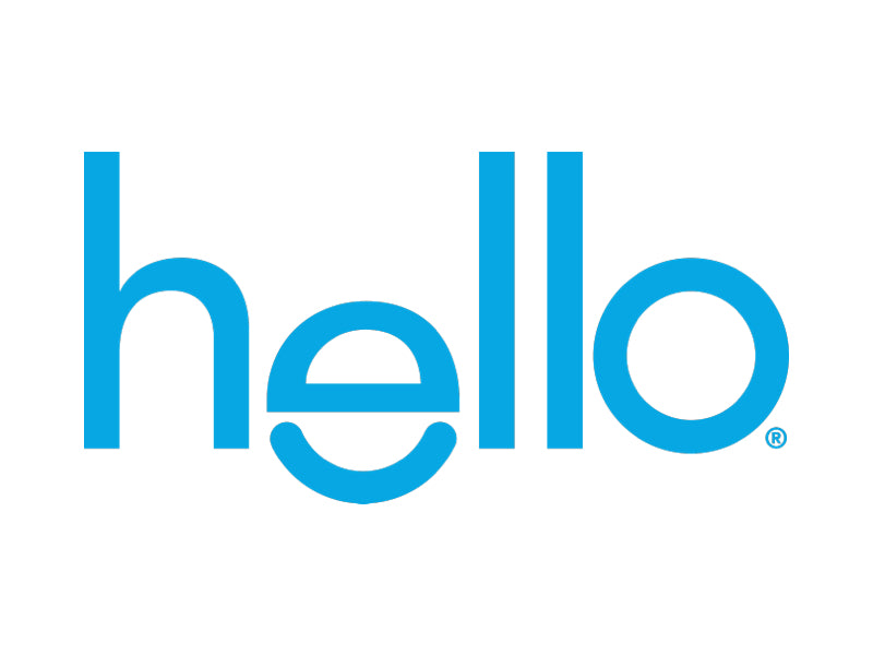 Blue text on a white background spelling hello, with the horizontal line of the e forming a smile shape.