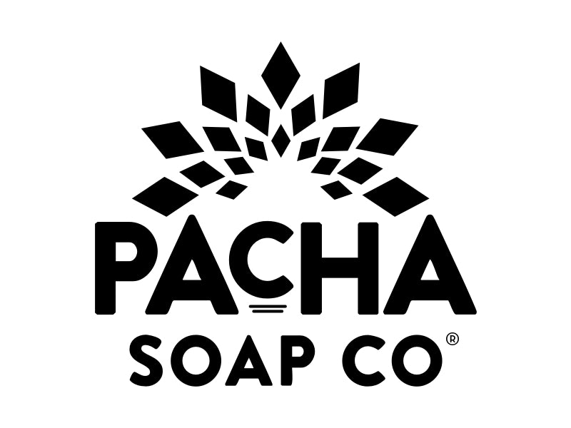 Pacha Soap Co. logo with bold black text and geometric diamond shapes arranged in an arc above the words PACHA SOAP CO. on a white background.