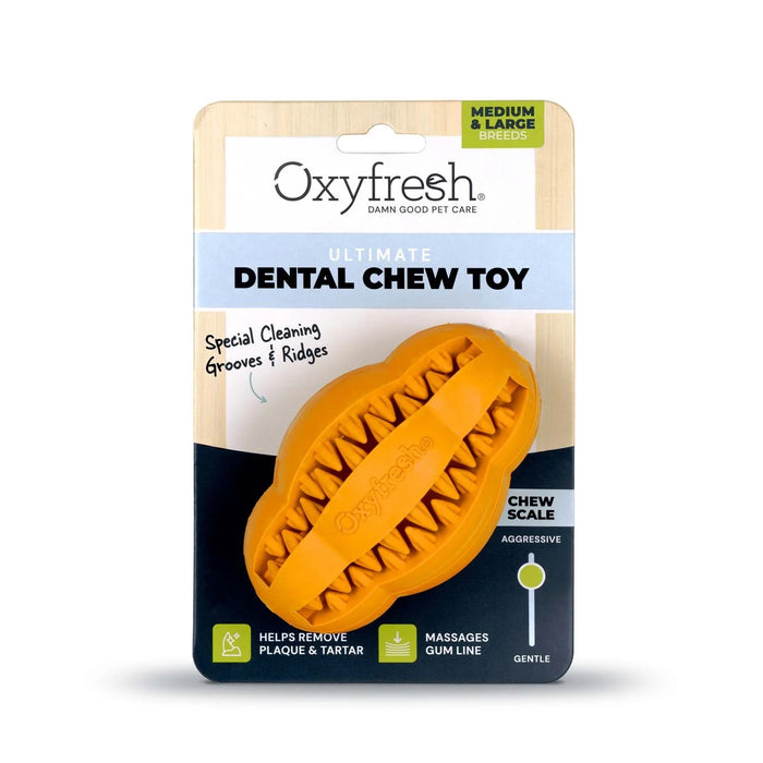 A yellow Oxyfresh Ultimate Dental Chew Toy for medium and large dog breeds in its packaging, featuring cleaning grooves, ridges, and icons showing it helps remove plaque, massages gums, and is moderately aggressive.