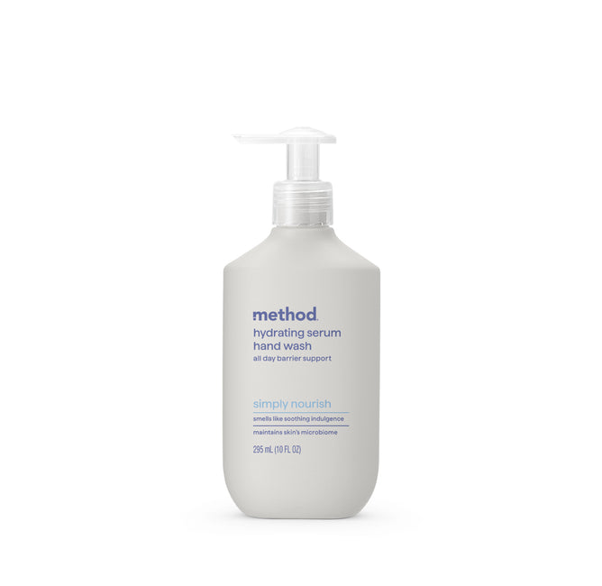 A 296 ml (10 fl oz) light gray bottle of method Hydrating Serum Hand Wash with a pump dispenser, featuring purple text, all-day skin barrier support, and a simply nourish scent.