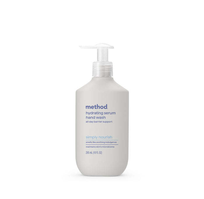 A 296 ml (10 fl oz) light gray bottle of method Hydrating Serum Hand Wash with a pump dispenser, featuring purple text, all-day skin barrier support, and a simply nourish scent.