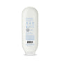 Back view of a white plastic bottle with blue text and icons, featuring product information, instructions, and a barcode near the bottom. The bottle has a rounded shape and stands upright against a white background.