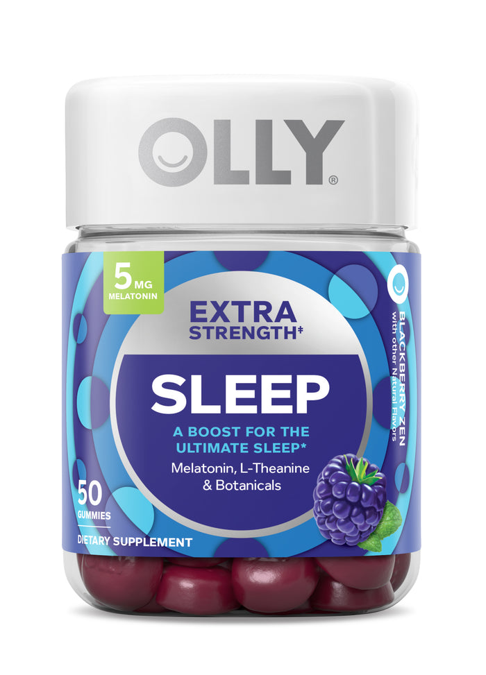A container of OLLY Extra Strength Sleep gummies with a label showing 5 mg melatonin, 50 gummies, blackberry flavor, and ingredients including melatonin, L-theanine, and botanicals. A blackberry image is also on the label.