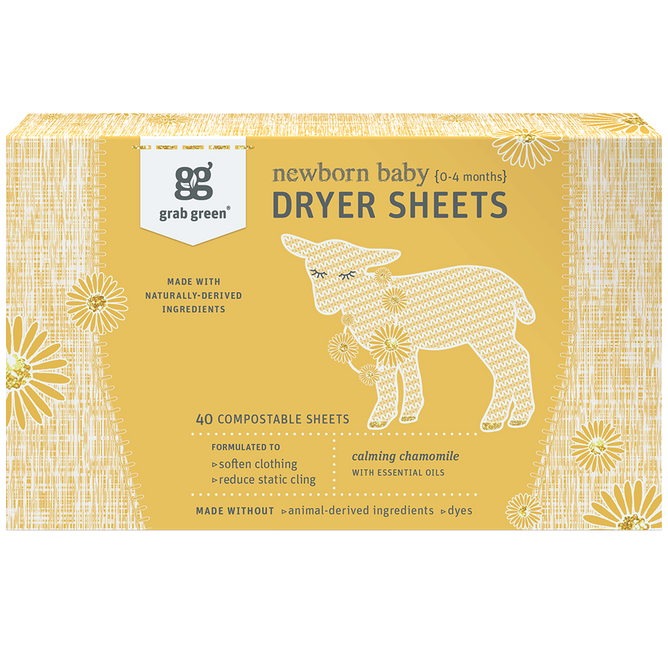 Grab Green Newborn Baby Dryer Sheets feature a calming chamomile scent and highlight natural baby products. With a white lamb on a yellow floral background, these compostable sheets are dye-free and contain no animal-derived ingredients, making them ideal for sensitive skin.