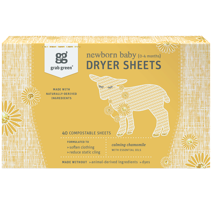 Grab Green Newborn Baby Dryer Sheets feature a calming chamomile scent and highlight natural baby products. With a white lamb on a yellow floral background, these compostable sheets are dye-free and contain no animal-derived ingredients, making them ideal for sensitive skin.