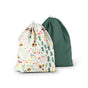 The Ditty Bag Duo Wet Bags by Esembly Baby are displayed against a white background. The front bag features colorful illustrations of mushrooms, leaves, and berries, while the back bag is solid forest green. Both bags are crafted from recycled plastic.