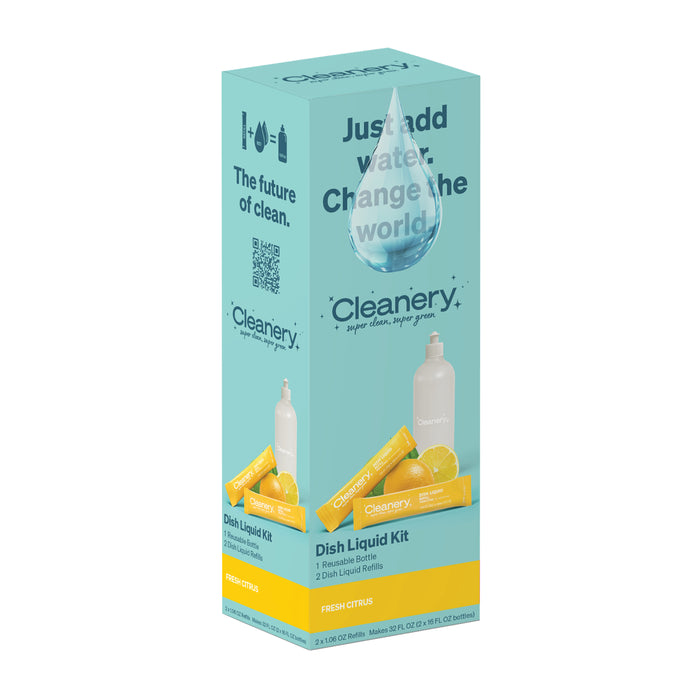 A box of Cleanery Dish Liquid Kit in Fresh Citrus scent, featuring one reusable bottle and two liquid refills. The packaging is teal with images of citrus fruits, the bottle, refills, and a water droplet graphic.