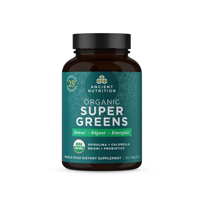 A dark bottle of Ancient Nutrition Organic Super Greens dietary supplement with a green label showing benefits like detox, digest, and energize. Contains spirulina, chlorella, reishi, and probiotics. 90 tablets. USDA organic certified.