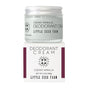 Little Seed Farm Deodorant Creams are displayed in a white jar with a silver lid, featuring minimalist black text on white packaging with maroon accents. This natural, aluminum-free deodorant cream sits atop its branded box.