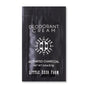 A black packet labeled "Deodorant Cream Sample - Activated Charcoal" shows a net weight of 0.2 oz (5.7g). Aluminum-free, this sample from Little Seed Farm is printed at the bottom.