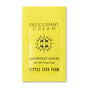 A 0.2 oz (5.7 g) Deodorant Cream Sample—Grapefruit Lemon by Little Seed Farm comes in a yellow packet with their black logo, is aluminum-free, and offers a fresh organic scent.