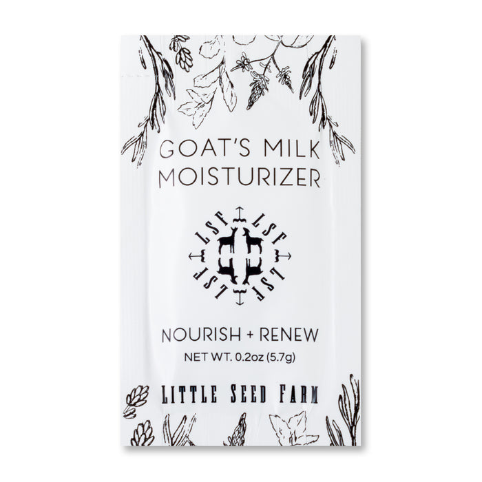 A white sachet labeled Goat's Milk Moisturizer - Sample by Little Seed Farm features herb illustrations and includes text: "Nourish + Renew," "Net Wt. 0.2 oz (5.7g)." Ideal as a daily moisturizer for sensitive skin.