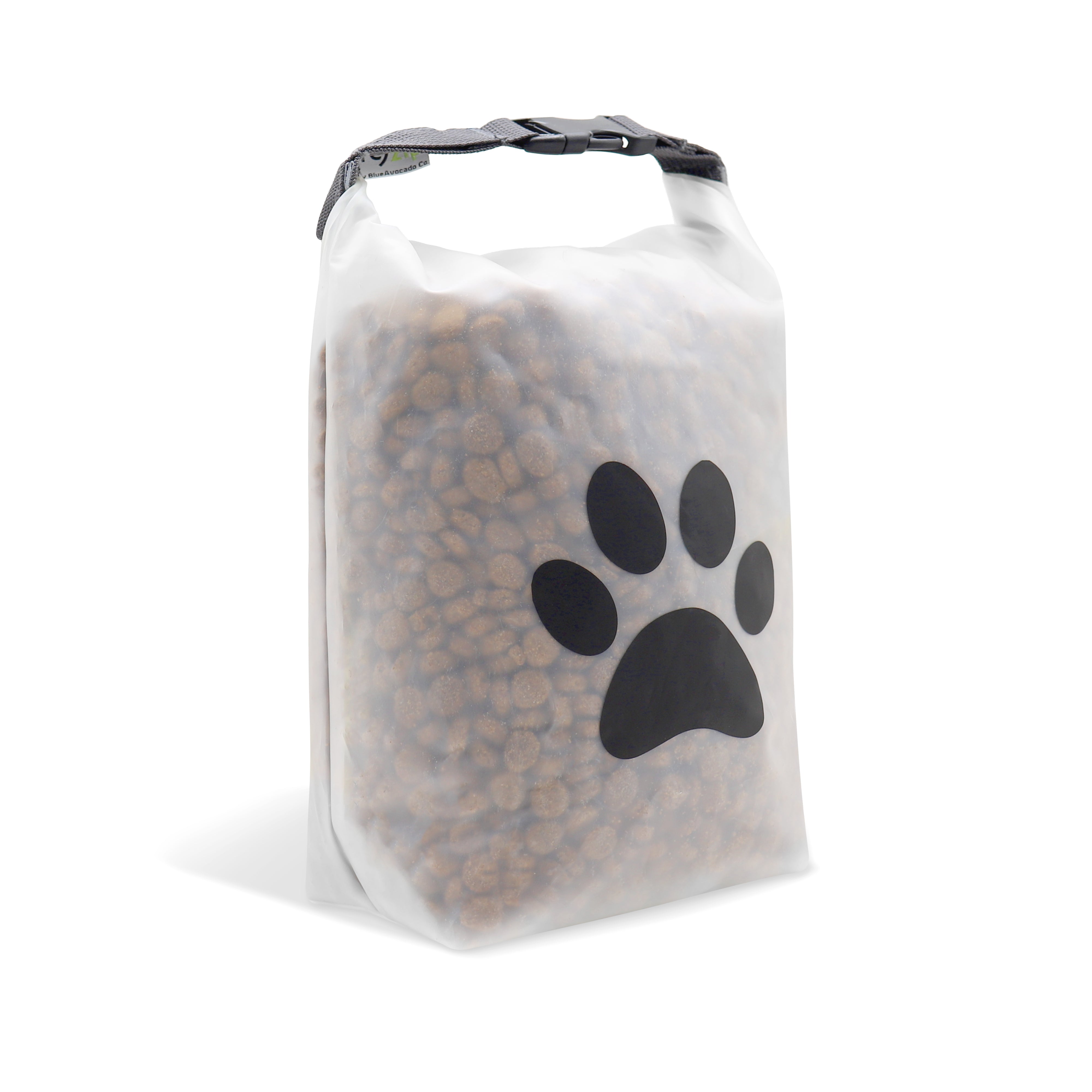 The (re)zip Reusable Pet Food Storage Bag - 14 Cup is crafted from FDA food-grade PEVA, features a large black paw print, and has a travel-friendly roll-top closure with a black clip. Its translucent, making kibble easily visible and accessible on the go.