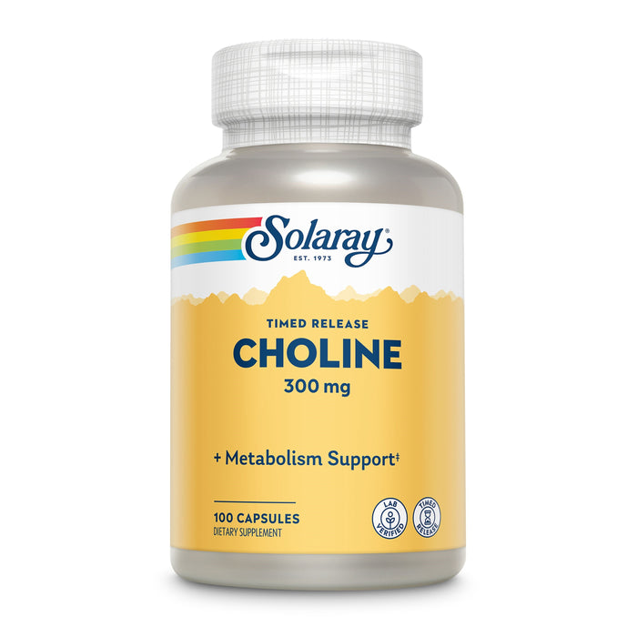 A bottle of Solaray Timed Release Choline 300 mg dietary supplement with a yellow label, rainbow logo, and text noting 100 capsules and metabolism support.