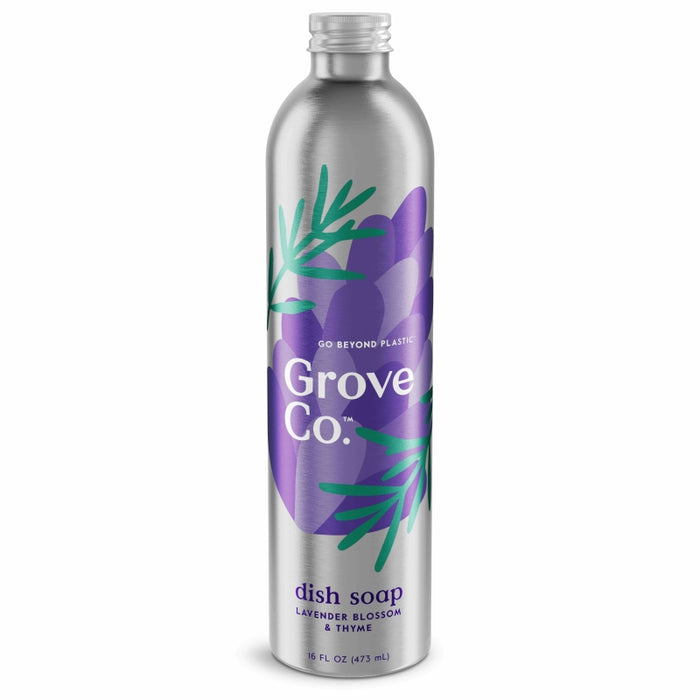 A silver aluminum bottle of Grove Co. dish soap with purple lavender blossom and green thyme leaf illustrations on the label. The bottle holds 16 fl oz (473 ml) and is labeled Lavender Blossom & Thyme.