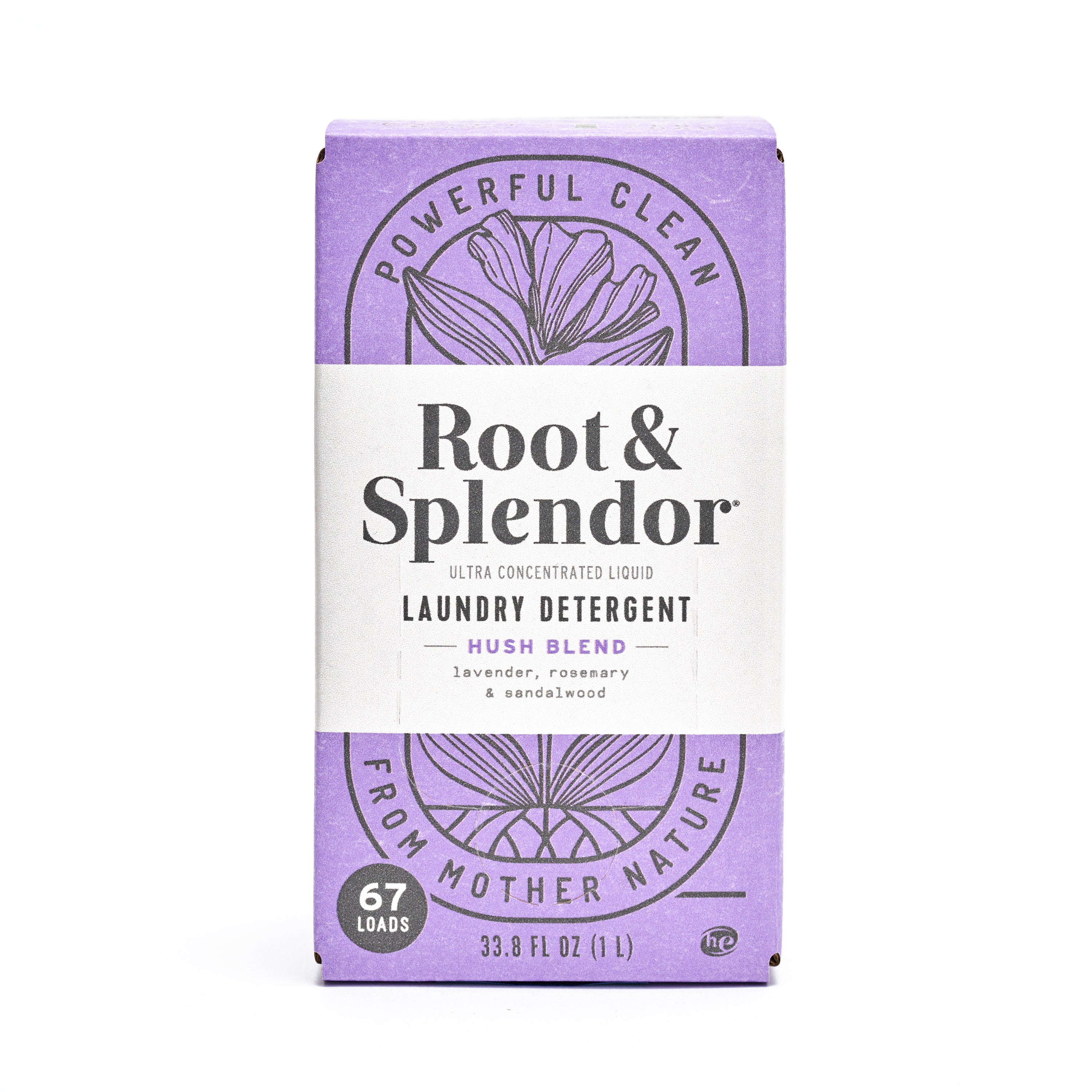 Root & Splendor Concentrated Laundry Detergent in Hush Blend offers a natural clean for 67 loads with lavender, rosemary, and sandalwood essential oils in eco-friendly packaging.