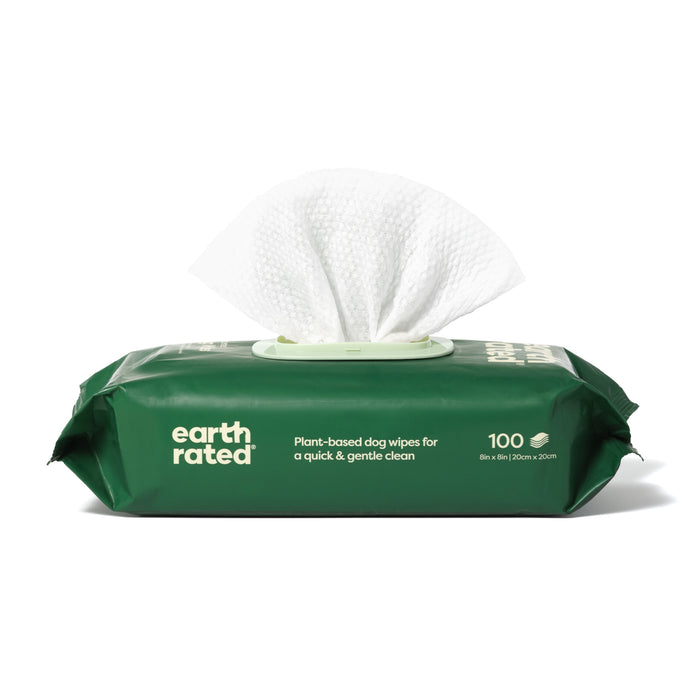 The green package of Earth Rateds Large Dog Grooming Wipes says for a quick & gentle clean. One partially pulled-out wipe shows there are 100 hypoallergenic wipes, each measuring 8x8 inches.