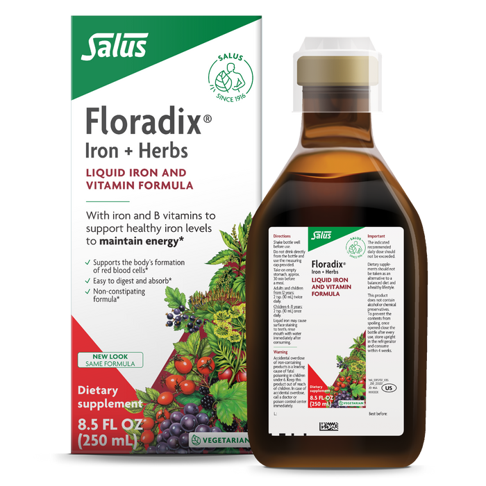 A bottle and box of Salus Floradix Iron + Herbs liquid supplement are shown. The packaging highlights it as a liquid iron and vitamin formula with herbs, featuring images of fruits and vegetables.
