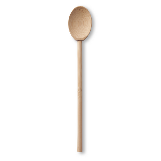 A wooden spoon with a round bowl and a long handle, displayed vertically against a white background.