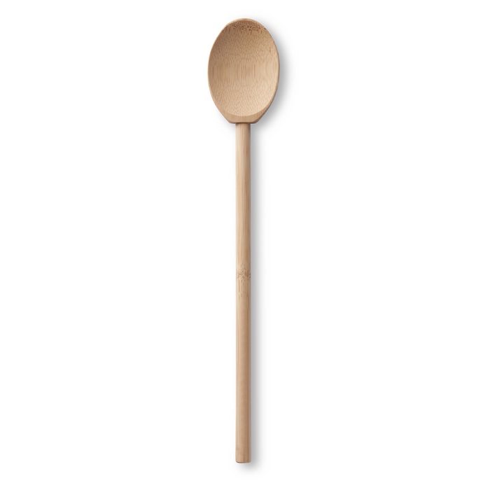 A wooden spoon with a round bowl and a long handle, displayed vertically against a white background.