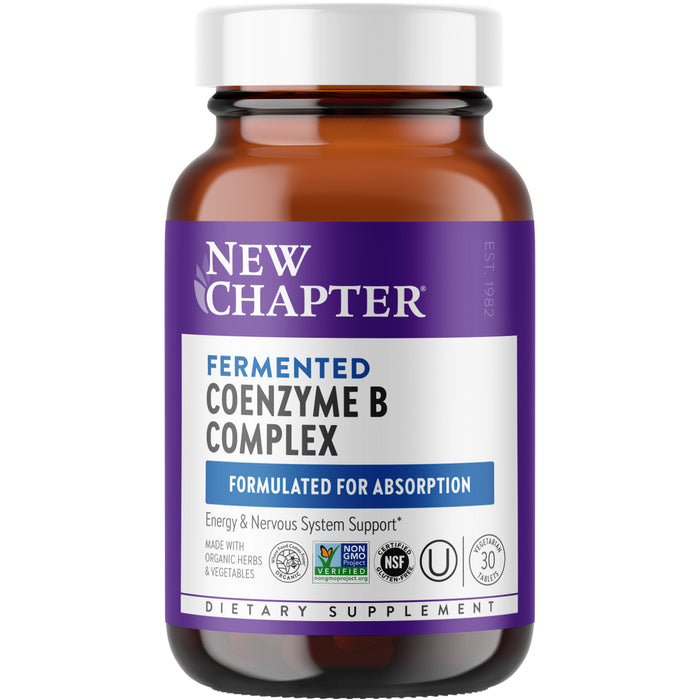 A brown bottle labeled New Chapter Fermented Coenzyme B Complex, featuring a purple and white design. It highlights absorption, nervous system support, and several certification logos.