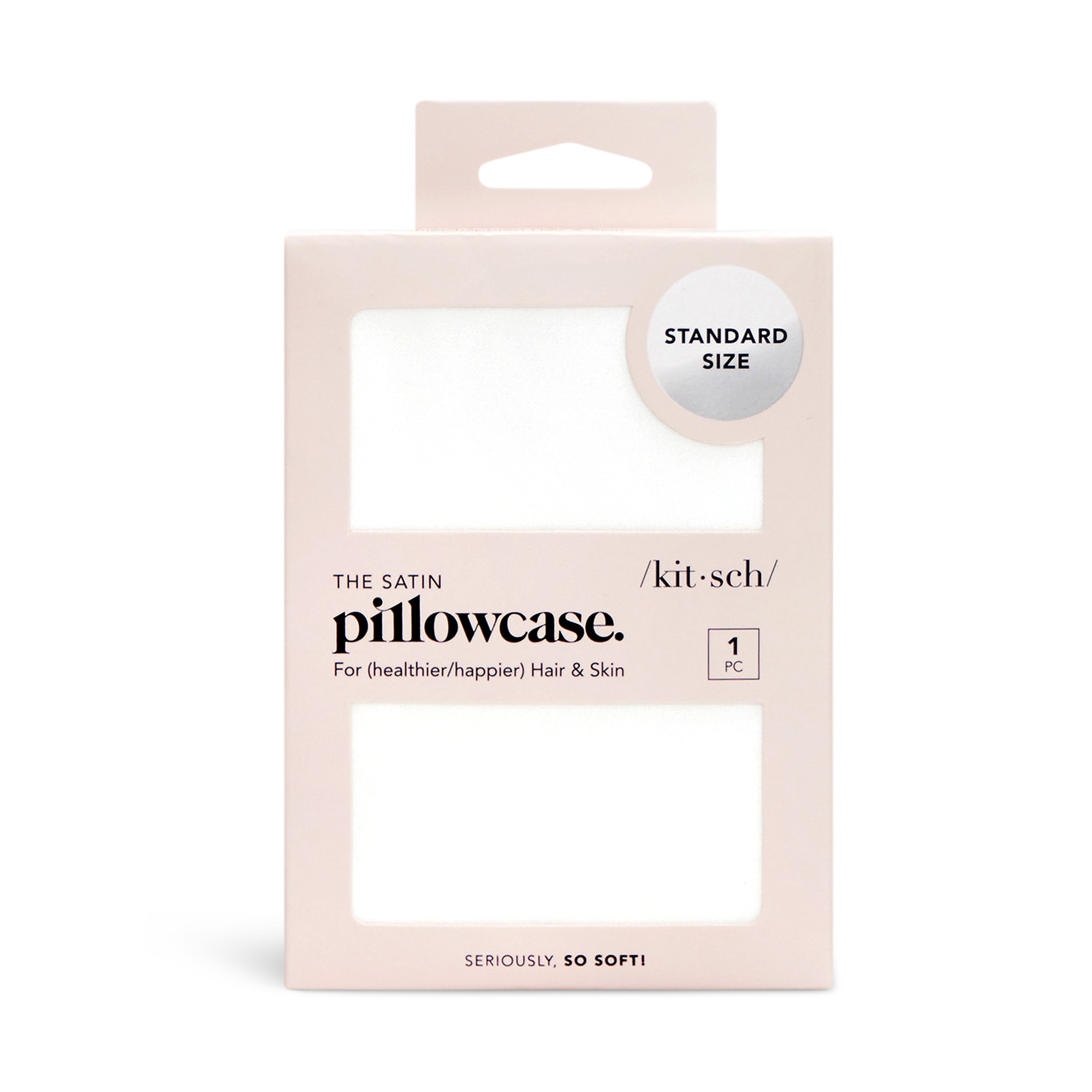 Kitschs satin pillowcase packaging is designed for healthier hair and skin, featuring a white and beige color scheme. The box highlights Standard Size and Frizz Free! for an anti-aging sleep experience, with one exceptionally soft pillowcase inside.