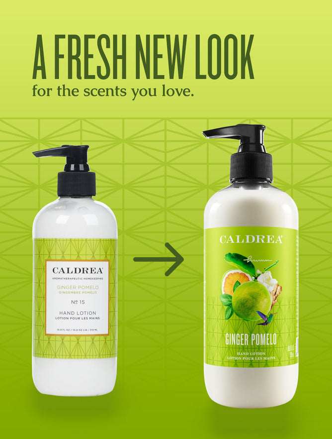 Two Caldrea moisturizing hand lotion bottles are set against a green geometric background. The left bottle features No. 15, while the right displays a Ginger Pomelo label with ginger and pomelo images, exemplifying the brands focus on natural fragrances in its packaging update.