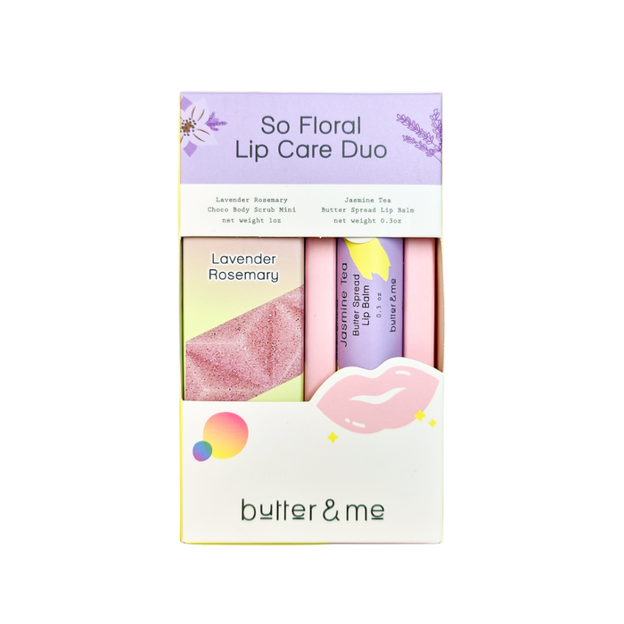 A boxed set labeled So Floral Lip Care Duo by butter & me, featuring Lavender Rosemary choco body scrub mini and Jasmine Tea butter spread lip balm in pastel-colored packaging with floral and lip illustrations.