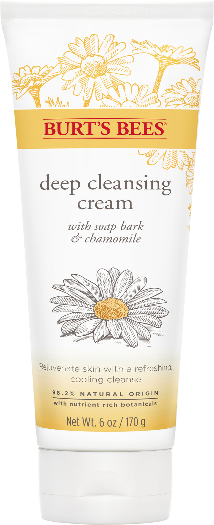 A tube of Burt’s Bees Deep Cleansing Cream featuring illustrations of chamomile flowers. The packaging highlights ingredients like soap bark and chamomile, and states it is 98.2% natural origin. Net weight is 6 oz (170 g).