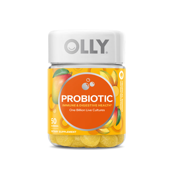 A jar of OLLY Probiotic gummies in tropical mango flavor, labeled for immune and digestive health, with images of mango slices on the label. The jar contains 50 yellow gummies.