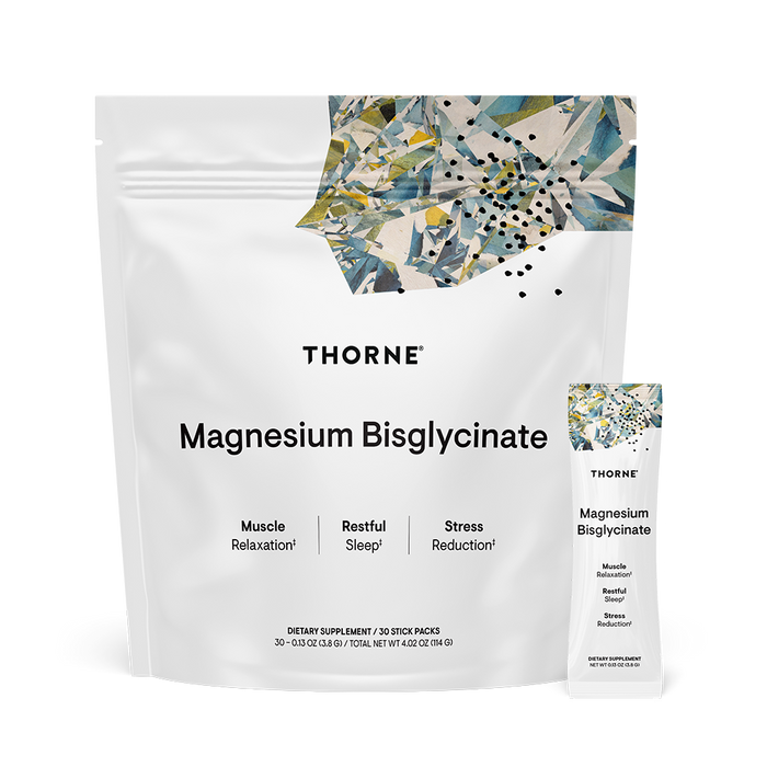A white Thorne Magnesium Bisglycinate – Stick Packs pouch and stick are shown with abstract art on top and text highlighting support for muscle relaxation and restful sleep.