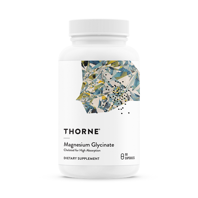 A white bottle of Thorne Magnesium Glycinate shows an abstract geometric label design. The bottle contains 90 capsules of chelated magnesium for high absorption.