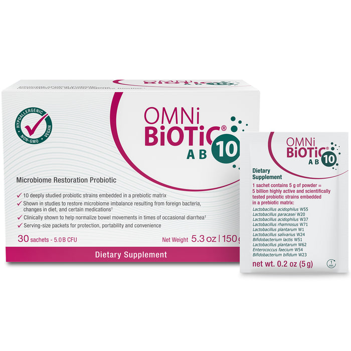 OMNi-BiOTiC AB 10 probiotic dietary supplement box with 30 sachets (5.3 oz) and one sachet displayed. Packaging highlights microbiome restoration and key product details in pink, white, and green.