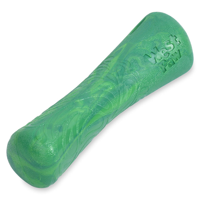 A green, cylindrical dog chew toy with a textured surface and the words West Paw embossed on one end.