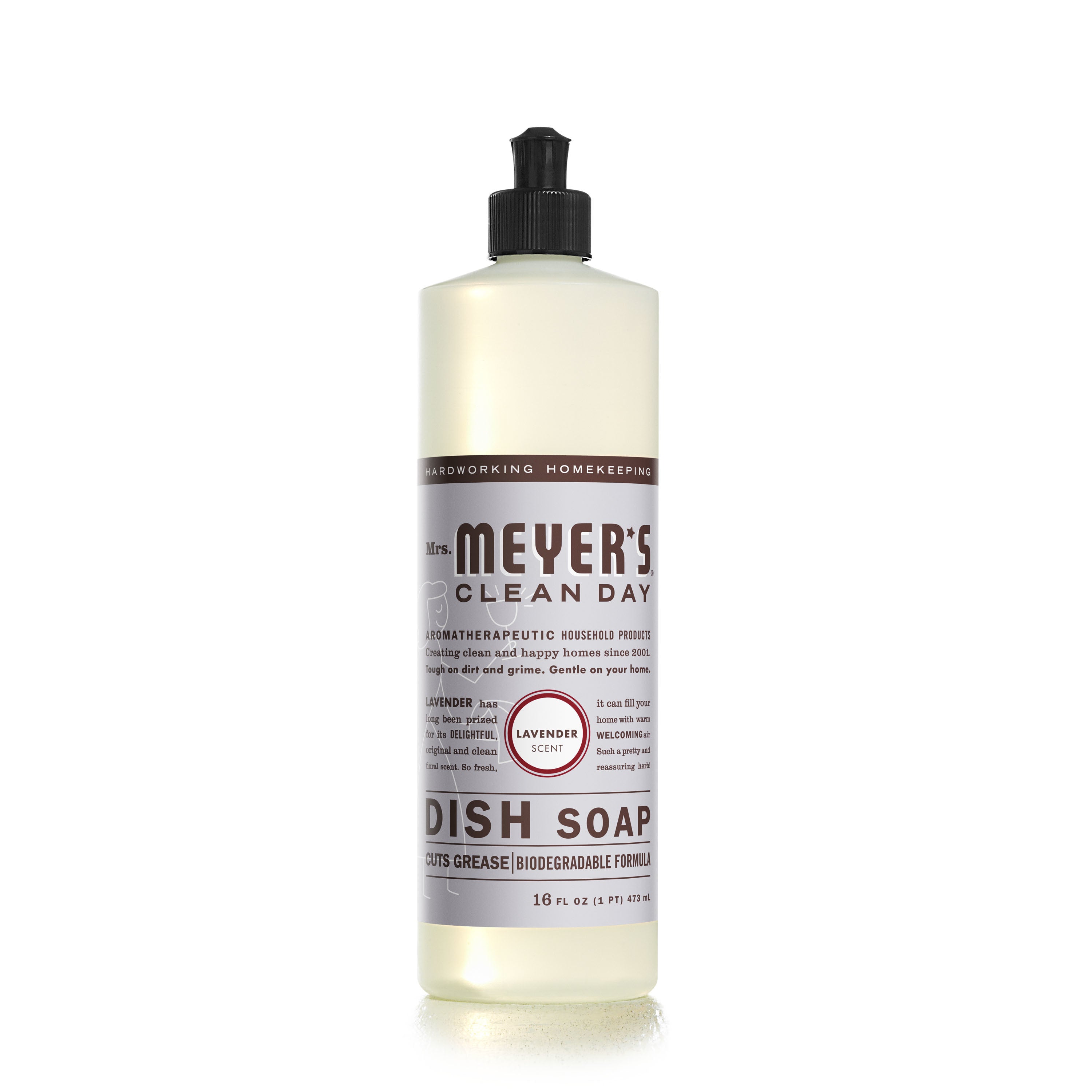 Mrs. Meyers Dish Soap features aromatherapeutic, biodegradable, natural degreasing with a calming lavender scent in an off-white 16 fl oz bottle with dark text and black cap. It is highly effective at cutting grease.