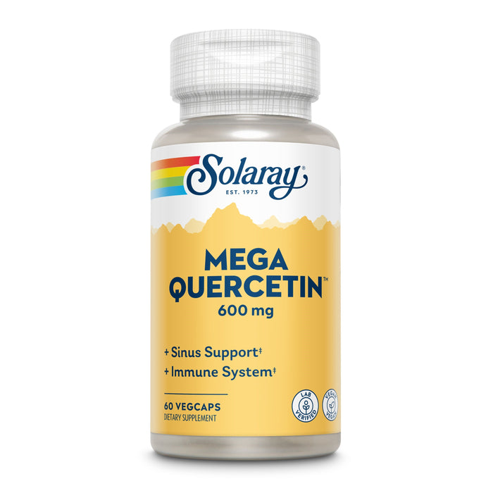 A white bottle of Solaray Mega Quercetin 600 mg dietary supplement with a yellow label stating Sinus Support and Immune System. The bottle contains 60 veggie capsules.