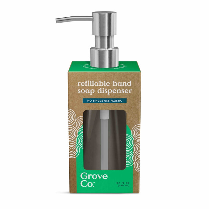 A reusable Grove Co. hand soap dispenser with a metal pump, packaged in a brown and green box featuring the text refillable hand soap dispenser and no single use plastic.