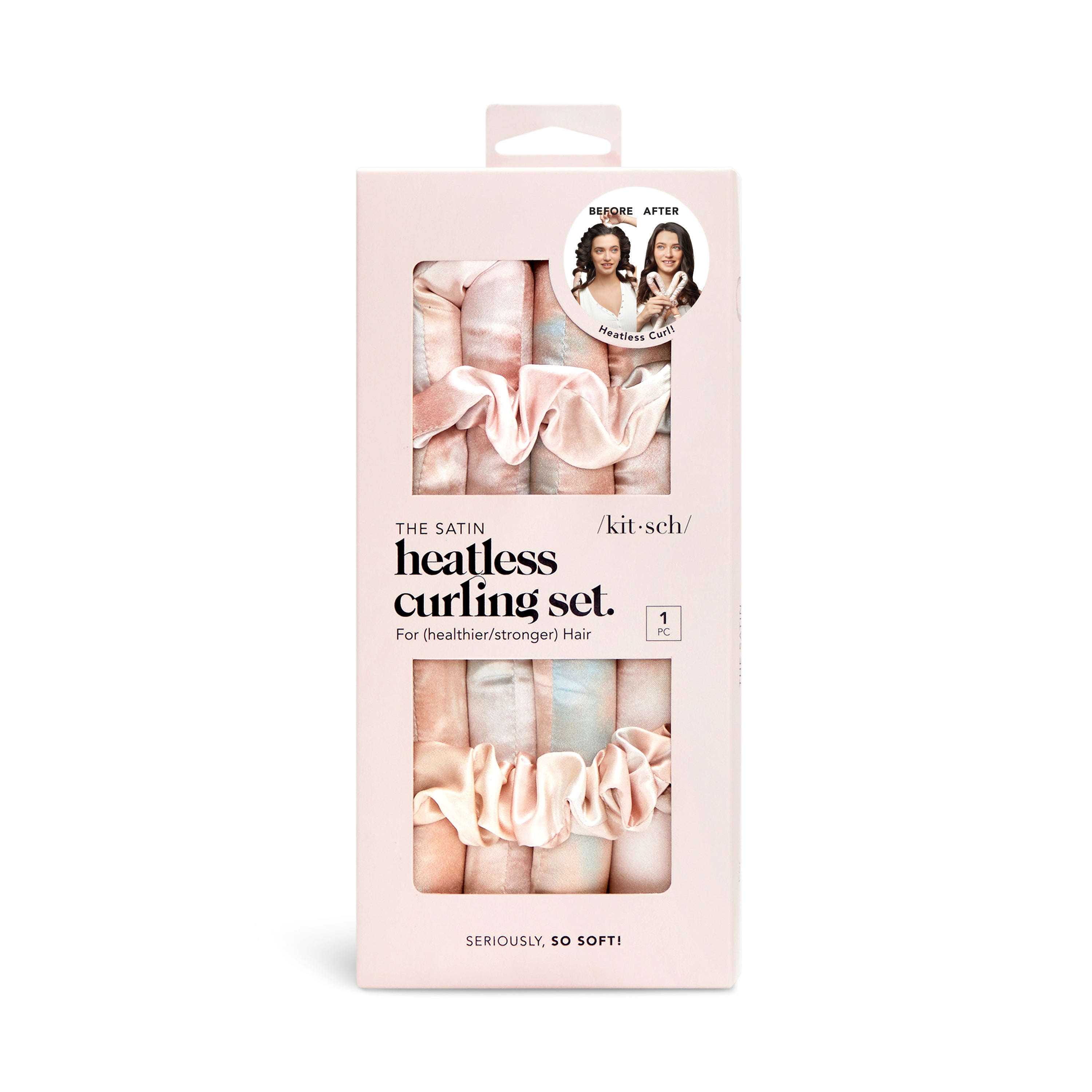 The image displays a Kitsch Satin Heatless Curling Set in a sleek box with a window revealing pink and beige scrunchies. A Before & After graphic emphasizes frizz-free hair on two women, while text states: The Satin Heatless Curling Set and Seriously, So Soft!.